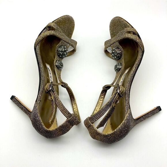Manolo Blahnik Dixie Metallic T-Strap  Heels Sandals Size 35,5 Made in Italy - Picture 10 of 14